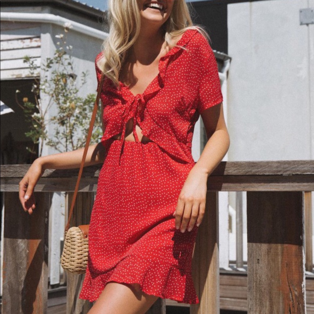 Princess Polly red polka dot tie front dress